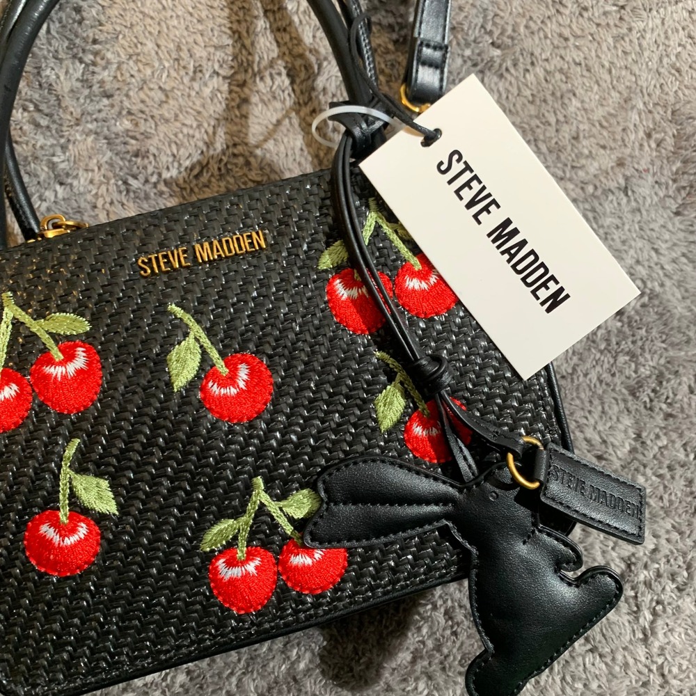 Steve Madden BCYAN Black Woven Cherry Embroidered Crossbody Bag New NWT DT627385